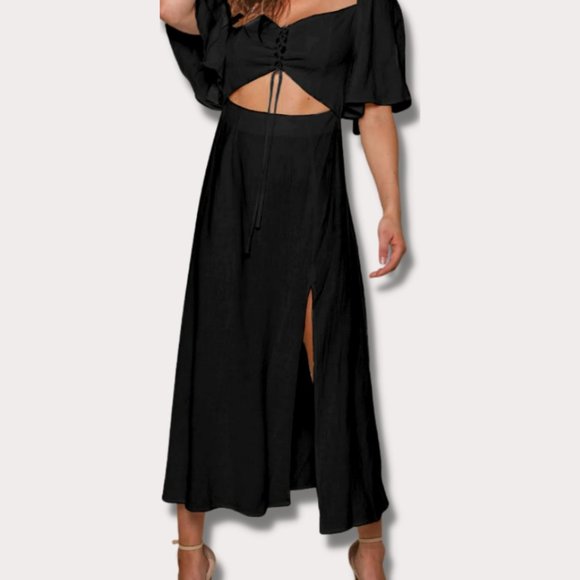 LINEN PEEK-A-BOO DRESS | BLACK - Picture 1 of 1